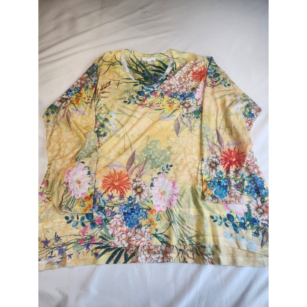 Concepts Women XXL Yellow Floral V-Neck Rhinestone Long Sleeve Top Plus Size 20